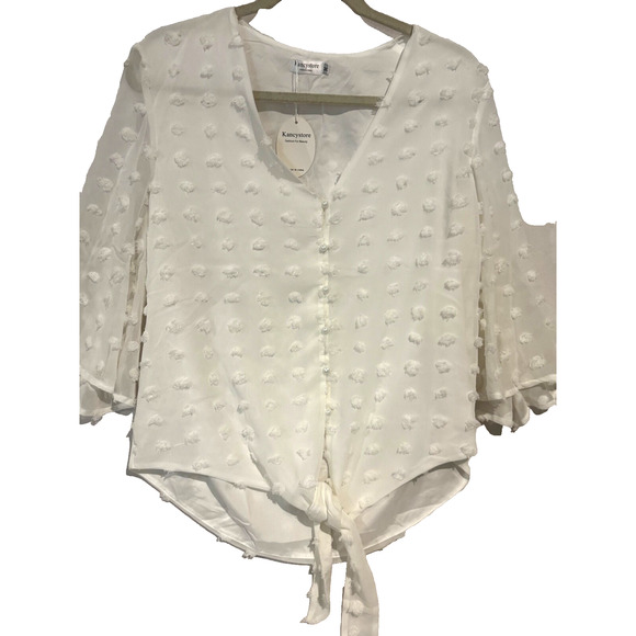 New Women’s pearl Button tie Swiss Dot White flowy V-Neck Size M romantic boho - Picture 1 of 9